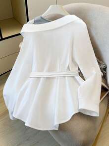 Franclia Chemise décontractée à col ample 2 en 1 Camisole Patchwork Bouton - Blanc - Voir 2