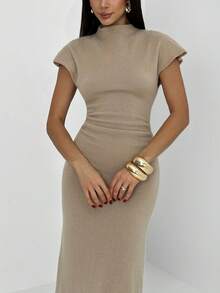 Aloruh New Elegant Spring Stand-Collar Knit Short-Sleeved Pleated Waist Pullover Midi Dress, Elegant Office Commuting Solid Color Apricot Simple Slim Fit Long Knit Dress For Women's Spring Holiday Wear, Afternoon Tea Date Wear. Tan Dress Women Mock Neck Dress Elegant Midi Dress Slim Dress - Khaki - View 6