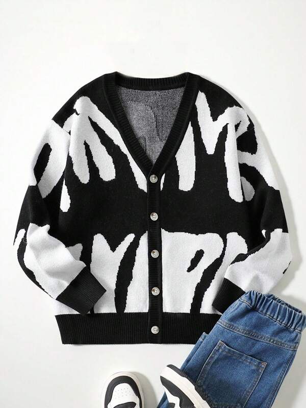 Boys' Fashionable Minimalist Letter Jacquard Knit Cardigan Girls Cardigan Sweaters Kids Cardigan Cute Cardigan Cardigan For Teen Girls Cropped Cardigan Tween Boys Sweater Tween Boys Fall Outfits Tween Boys Winter Clothes Kids Fall Clothes