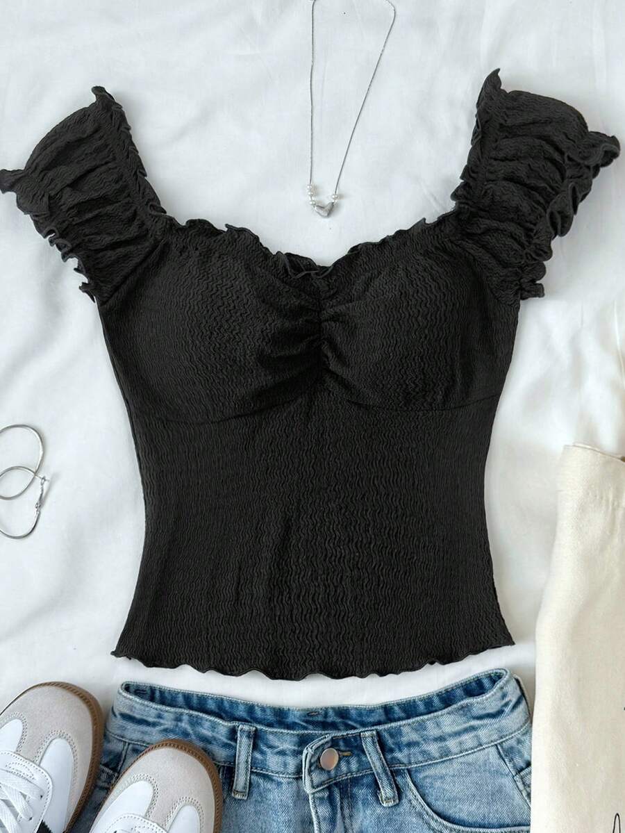 SHEIN 少女可爱荷叶边提花T恤，返校季 - 黑色 - 查看 1