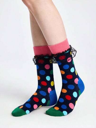 Kawaii Calzini alla caviglia da donna con motivo a pois, in rete con inserti e bordi a volant