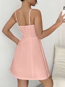 Chiquease Women's Solid Color Ruffle Front Tie Casual Spaghetti Strap Dress, Summer - Pink - View 2