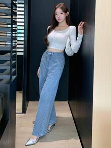 DAZY Women's Relaxed Fit Straight Leg Jeans With Floral Textured Striped Pattern, Suitable For Autumn, Winter, Spring Y2k - Medium Wash - View 9