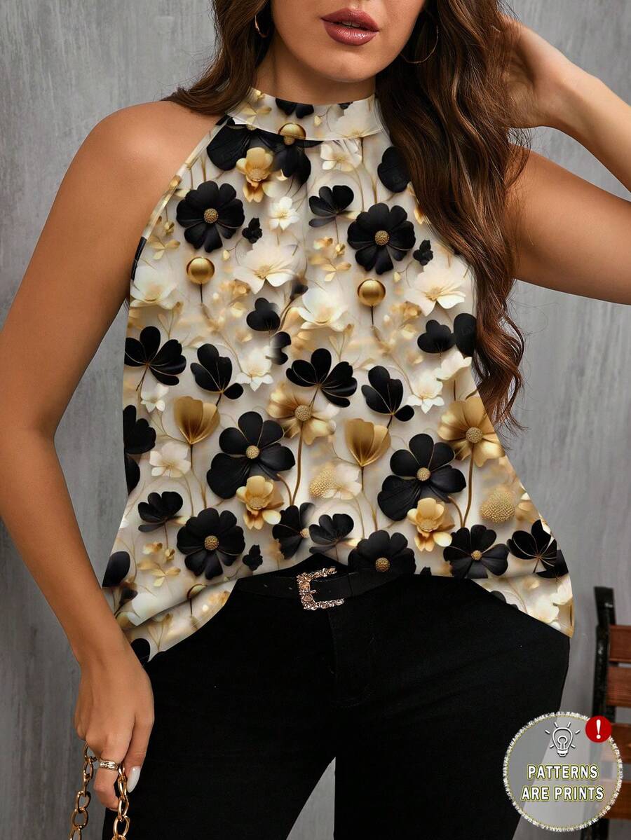 SHEIN Clasi Vacation Faux Gold Floral Print Casual Minimalist Plus Size Shirt Suitable For Summer - Gold - View 1
