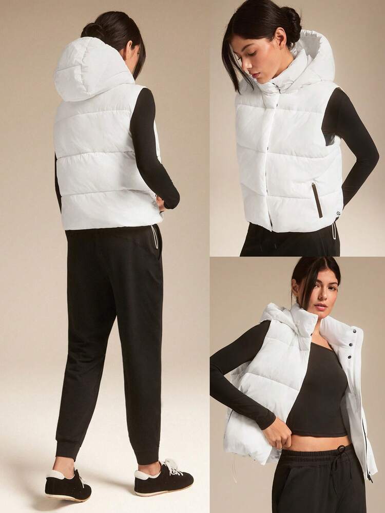 Windproof Lightweight Stand Collar Padded Sleeveless Puffer Hoodie Vest With Side Pockets Daily Casual Outdoor