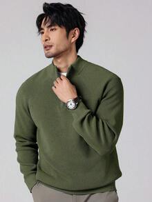 Manfinity Homme 男士加大码休闲纯色半拉链毛衣，秋冬季 - 軍綠色 - 查看 4