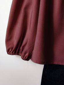 Linhara 大码女式时尚休闲优雅圆领宽松修身长袖衬衫，秋季 - 酒紅色 - 查看 5