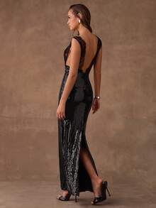 SHEIN BAE Women's Contrast Lace Deep V Neck Sequin Bodycon Sleeveless Dress,Spring, Summer Dress,Spring Outfit Women ,Summer Outfit For Women, Valentine's Day,Valentine Outfits For Women ,Elegant ,Vacation Outfits Women ,Summer Holiday Outfits ,Casual,Beach Outfit For Women, - Black - View 2
