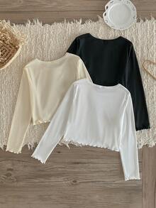 SHEIN 3pcs/Set Girls Soft Ribbed Long Sleeve Cropped Top,White,Apricot,Black Bow Decor Wavy Hem Cute Tops For Winter School Back-To-School Tween Clothes - Multicolor - View 2