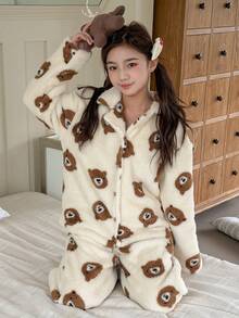 DAZY 少女熊印花保暖睡衣套装，冬季 - 杏色 - 查看 2