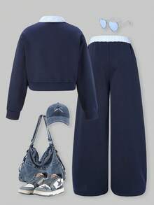 SHEIN ChillGRL 2件套少女Romweezy宽松休闲拼接撞色二合一衬衫式V领短款卫衣搭配宽松休闲阔腿撞色拼接裤套装，适合日常、通勤、休闲、度假、聚会、街拍等场合。