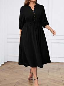 Miaspire 大码V领泡泡袖A字裙，遮盖腹部 - 黑色 - 查看 5