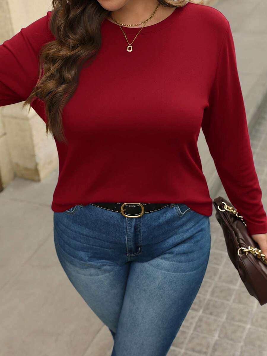 SHEIN LUNE 大码休闲百搭纯色长袖T恤，秋季 Barnfit 感恩节女装新年女装 - 酒紅色 - 查看 1