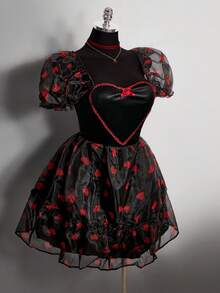 SHEIN ICON Plus Size Red Heart Puff Sleeve Cinched Waist Princess Dress, Suitable For Valentine's Day Date - Black - View 8