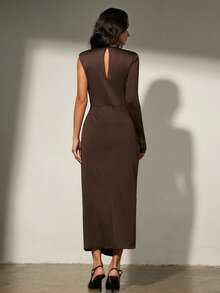 Aveloria Modichic Dark Brown,Autumn,Elegant,Dining French Asymmetrical Pleated Patchwork Long Sleeve Dress,Fitted Open Slit Waist Cinching Hollow Back Evening Gown - Brown - View 2