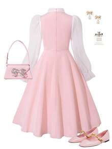 Tween Girl Elegant Party Color Block Mesh Puff Sleeve Dress - Pink - View 2