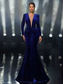 Glamrae Elegant Velvet Sexy Deep V-Neck Heavily Embellished Shoulder Pad Long Sleeve Ruched Waist Fishtail Front Slit Robe, Party Dress, Wedding Guest Dress, Evening, Robe For Gala Night Gown - Royal Blue - View 7