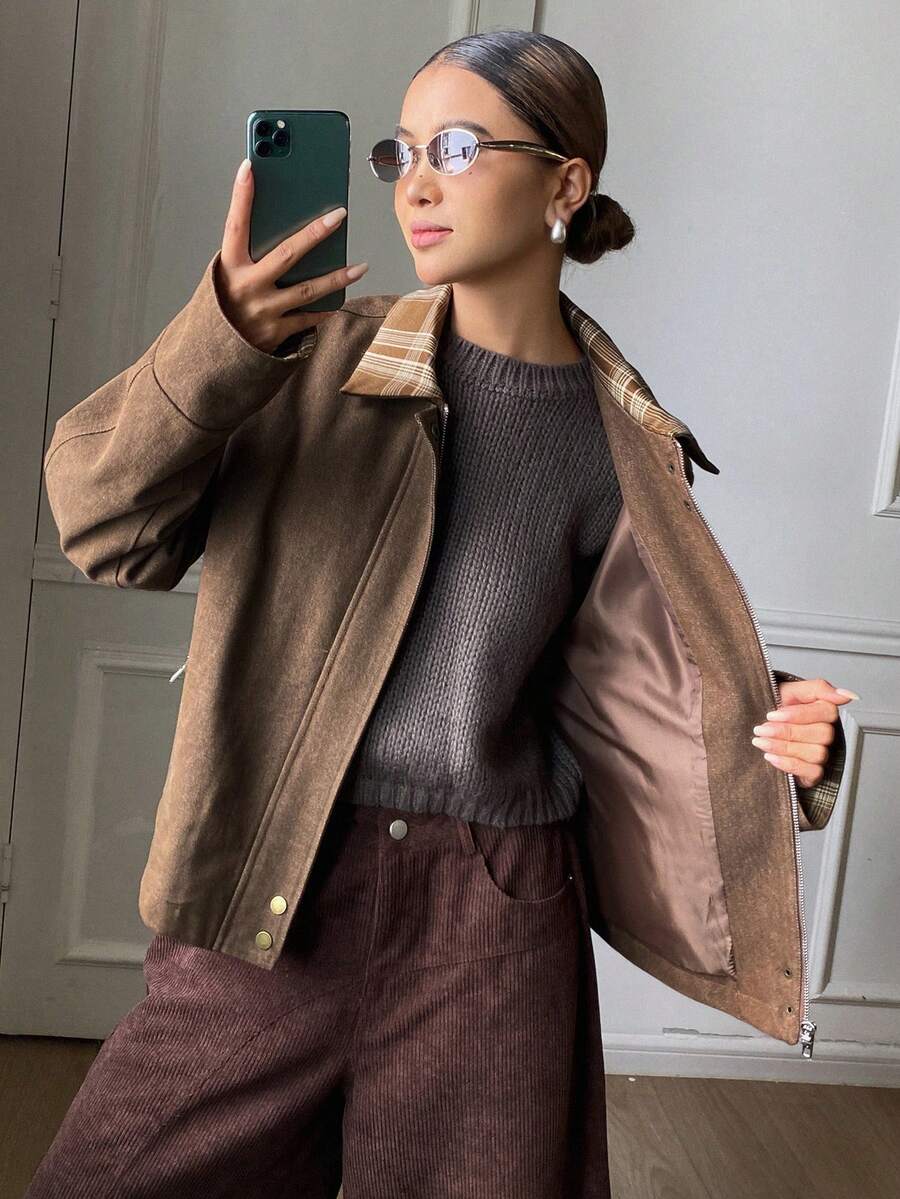 DAZY 女士格子拼接宽松翻领长袖休闲街头复古秋冬牛仔外套 - 藍色 - 查看 1