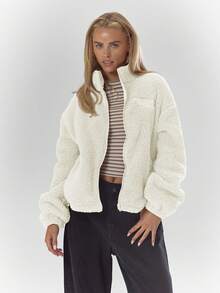 MUSERA High Neck Embroidered Elasticated Toggle Detail Fleece Jacket Cosy Cute Casual Coffee Club Winter Spring - White - View 5