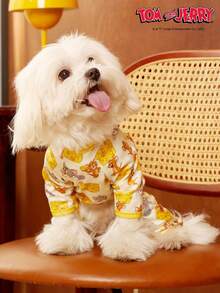 TOM & JERRY X PETSIN 1件可爱老鼠猫吃奶酪卡通图案印花宠物猫狗通用四脚连体衣，弹性舒适。