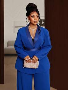 Maweii 大码秋季长袖直筒腰带外套和裤子两件套，休闲通勤装 - 寶藍色 - 查看 6