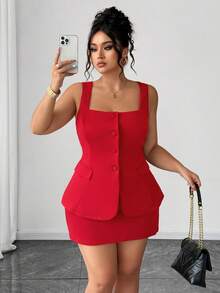 Elenzga 情人节加大码弹力纹理面料圆领无袖口袋装饰背心+纹理面料裹身裙休闲套装，2件套 - 紅色 - 查看 8