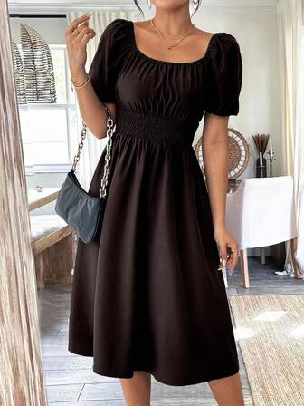 EMERY ROSE 女式绿色方领泡泡袖褶皱收腰连衣裙，春夏