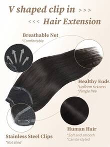 One Piece V‑Shaped Clip In Hair Extensions Top‑V Human Hair, Natural Black Straight Hair, Lightweight Breathable Invisible Design, Easy To Style, Volume Boost For All Hair Types, Ideal Hair Accessories For Women Daily Wear & Fashion Styling - Natural Black - View 2