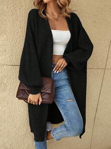 SHEIN Tall CURVE Plus Size Drop Shoulder Ribbed Knit Duster Cardigan,Long Sleeve Tops Long Cardigan For Women Plus Size Cardigan Curve Cardigan Tall Curve Cardigan In Fall/Winter - Black - View 5