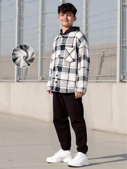 Vacaura 2pcs/Set Casual Fashionable Minimalist Plaid & Solid Color Elastic Waist Loose Fit Jogger Pants For Teenage Boys, Versatile For Daily Wear, Commute, Outdoor, Sports, School, Street Style, Party, Suitable For Autumn, Spring, Winter