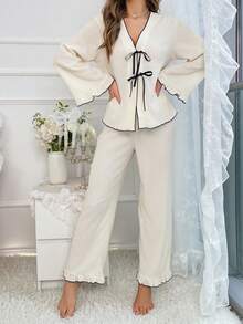 Women's Contrast Trim Tie Front Top And Pants Pajama Set, Winter Clothes - Apricot - View 3