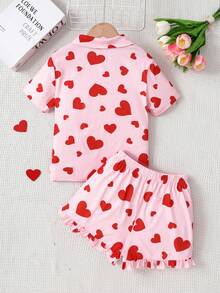 SLAYR 少女纯色爱心图案针织开衫和针织短裤两件套家居服套装，情人节 - 粉色 - 查看 2