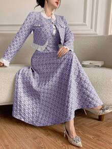 Modelyn 女士花卉提花荷叶边长袖单排扣外套和无袖连衣裙优雅两件套 - 紫丁香色 - 查看 5