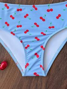 少女吊带三角樱桃印花夏季比基尼泳衣 - 霧霾藍 - 查看 7