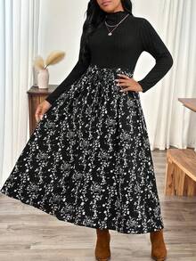 EMERY ROSE Plus Size Elegant Commuter Floral Print Patchwork Dress - Black - View 4