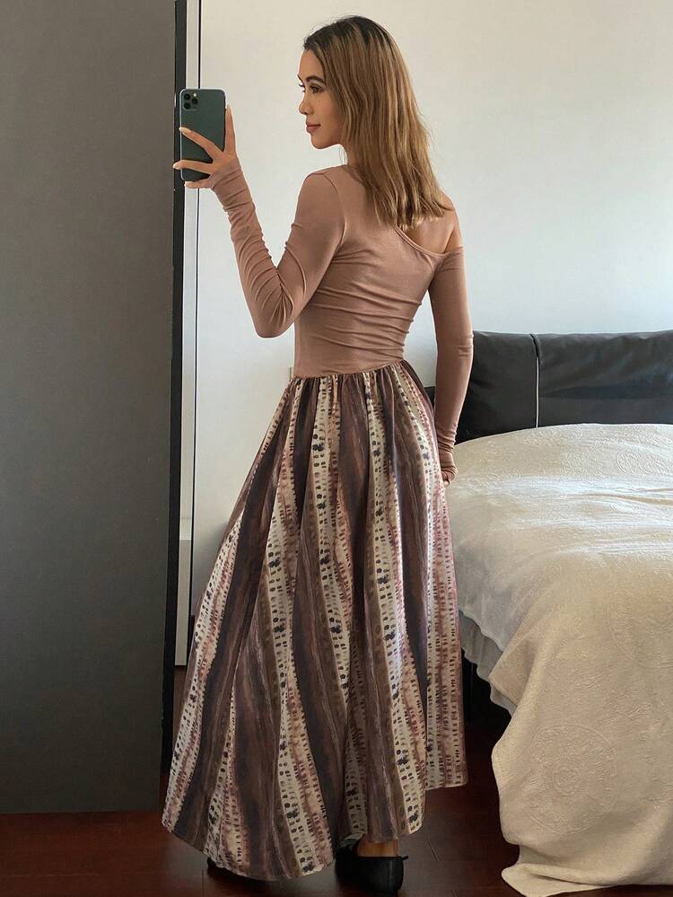 Color Block Asymmetric Shoulder Long Sleeve A-Line Dress, Elegant Resort Wear For Autumn/Winter Maxi Dress