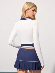 CourtClass Women's Striped Long Sleeve Polo Collar Golf Polo Shirt Two Piece Tennis Skirt Set Cheerleader Skirt Tennis Dress Long Sleeve Tennis Top Golf Skirt Tennis Skirt Sets Tennis Long Sleeve Set Long Sleeve Polo Tennis Top Tennis Outfit Women - White - View 2