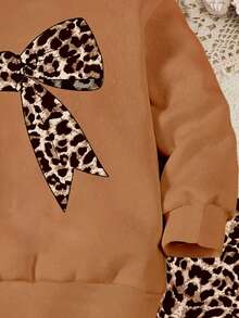 Emery Rose Kids Emery Rose Kids Happikins Khaki, Cute Vintage Leopard Bow Pattern, Baby Girl Casual Knit Soft Thick Crew Neck Long Sleeve Sweatshirt And Leggings Set, Suitable For Autumn/Winter Fall