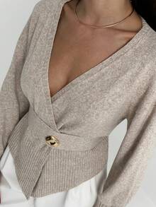 Aloruh 女士秋冬休闲纯色垂褶开衫，配腰带和简约长袖开衫 - 杏色 - 查看 2