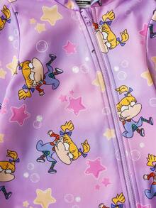 Nick 90s | SHEIN 女婴卡通图案可爱蝴蝶结紫色长袖连帽拉链连体衣 - 紫色 - 查看 3