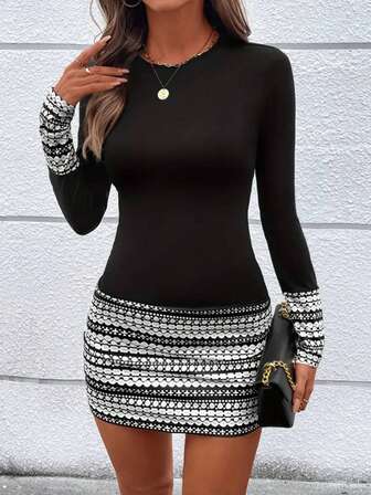 EMERY ROSE Frühlings-/Herbst Schwarz & Weiß Geometrisches Muster Patchwork Passform Lässig Kleid, stilvolles Party Kleid