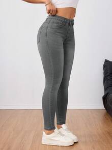 Women's Casual Streetwear Pocket Skinny Jeans - Grey - View 1