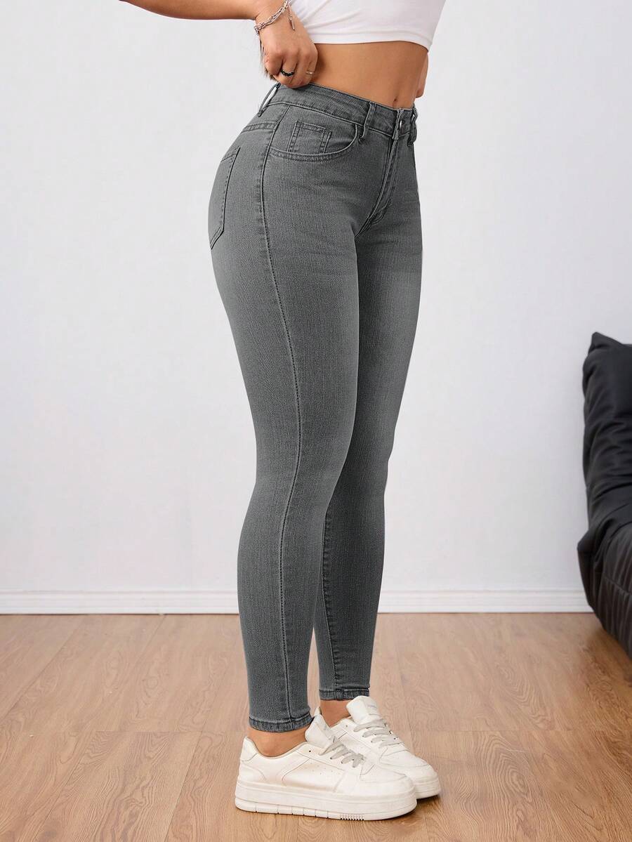 Women's Casual Streetwear Pocket Skinny Jeans - Grey - View 1