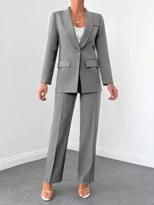 SHEIN Cottnline Women's Casual Commuting Solid Color Jacket And Pants Suit - Light Grey - View 1