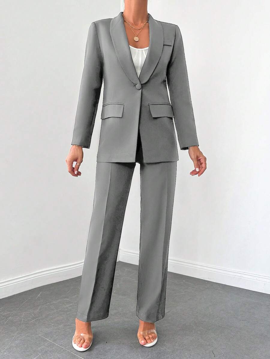 SHEIN Cottnline Women's Casual Commuting Solid Color Jacket And Pants Suit - Light Grey - View 1