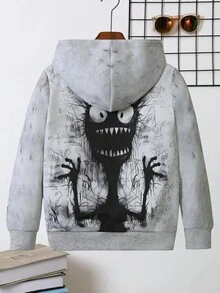 Fantacosmos Tween Boy 趣味怪物印花休闲宽松连帽运动衫，适合秋冬季 - 銀色 - 查看 2