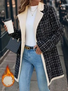 SHEIN Clasi 女士冬装 女士优雅百搭保暖内衬夹克，秋冬厚外套 女士冬装 女士粗花呢外套 女士格子外套 女士冬装 女士外套 女士秋装 带毛绒衬里的服装 女士冬装 毛绒秋冬长款保暖棉袄 - 黑與白 - 查看 5