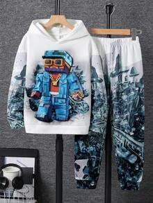 SHEIN 2 件青少年男孩休闲街头时尚图案运动衫和运动裤套装，适合通勤、上学、日常休闲、旅行、运动、春夏秋冬，羊毛，加厚 - 灰色 - 查看 2