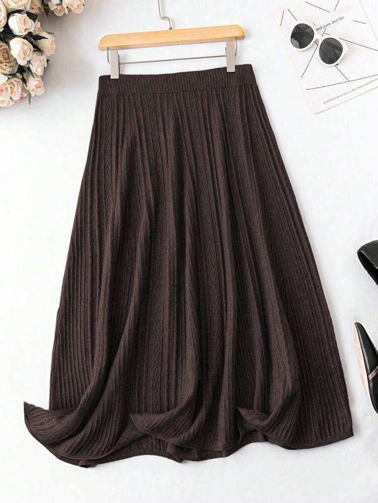 SHEIN LUNE 大码女式纯色弹力腰休闲针织半身裙，秋冬款 - 咖啡棕 - 查看 4