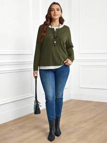 EMERY ROSE 大码女式乡村休闲长袖二合一T恤，适合冬季穿着 - 軍綠色 - 查看 4